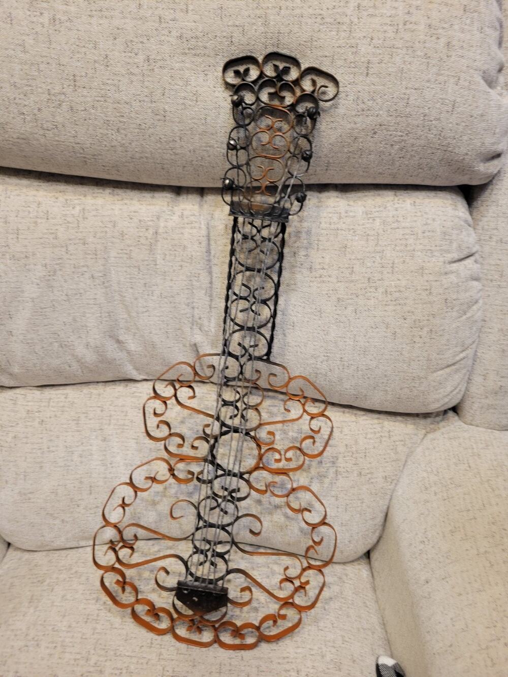 Vintage wrought iron scroll Guitar wall decor Retro MCM inspired